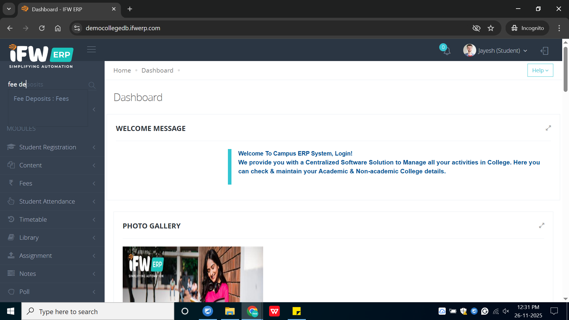 How to pay fees from the student web login in ERP?