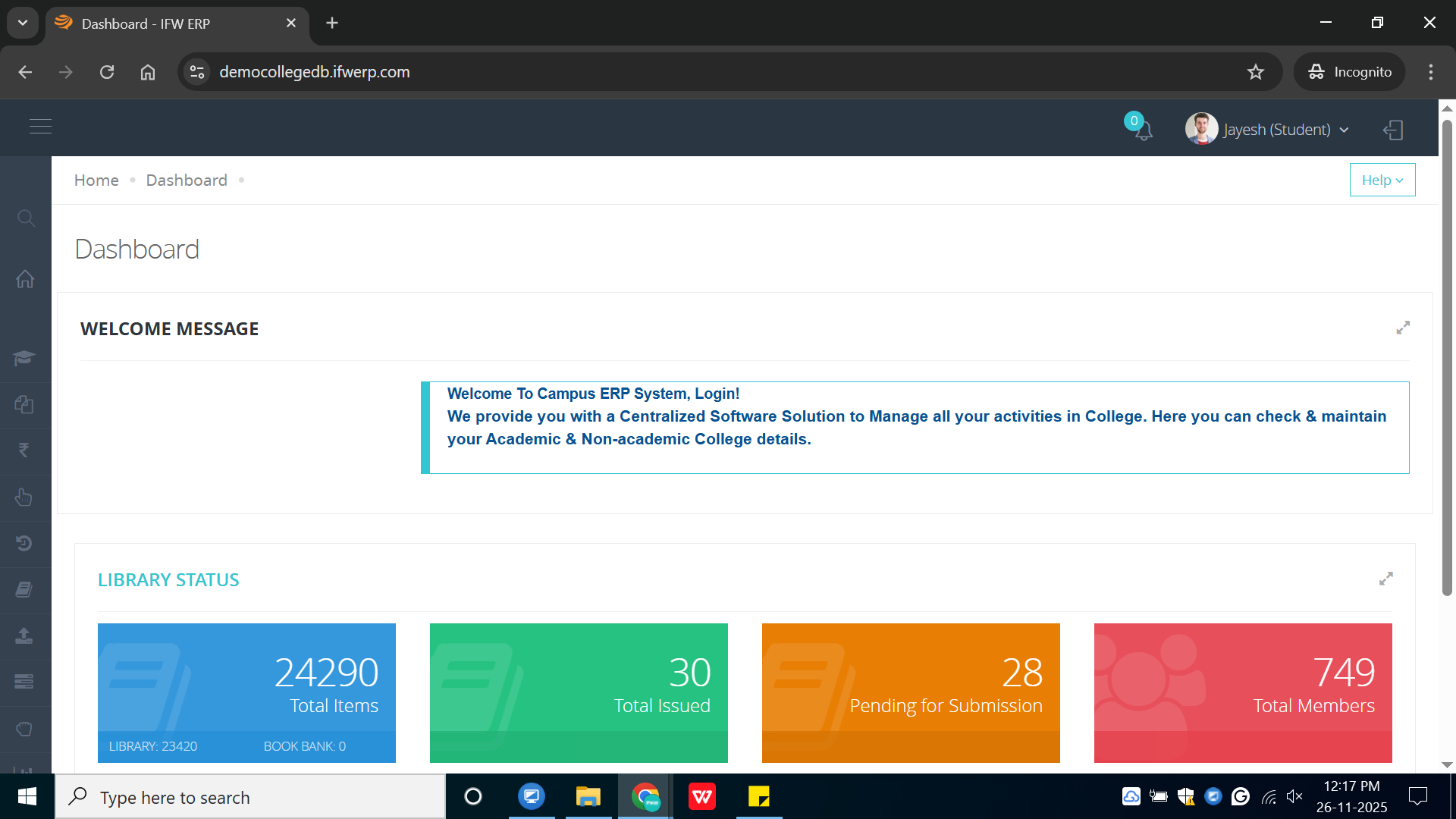 How to pay fees from the student web login in ERP?