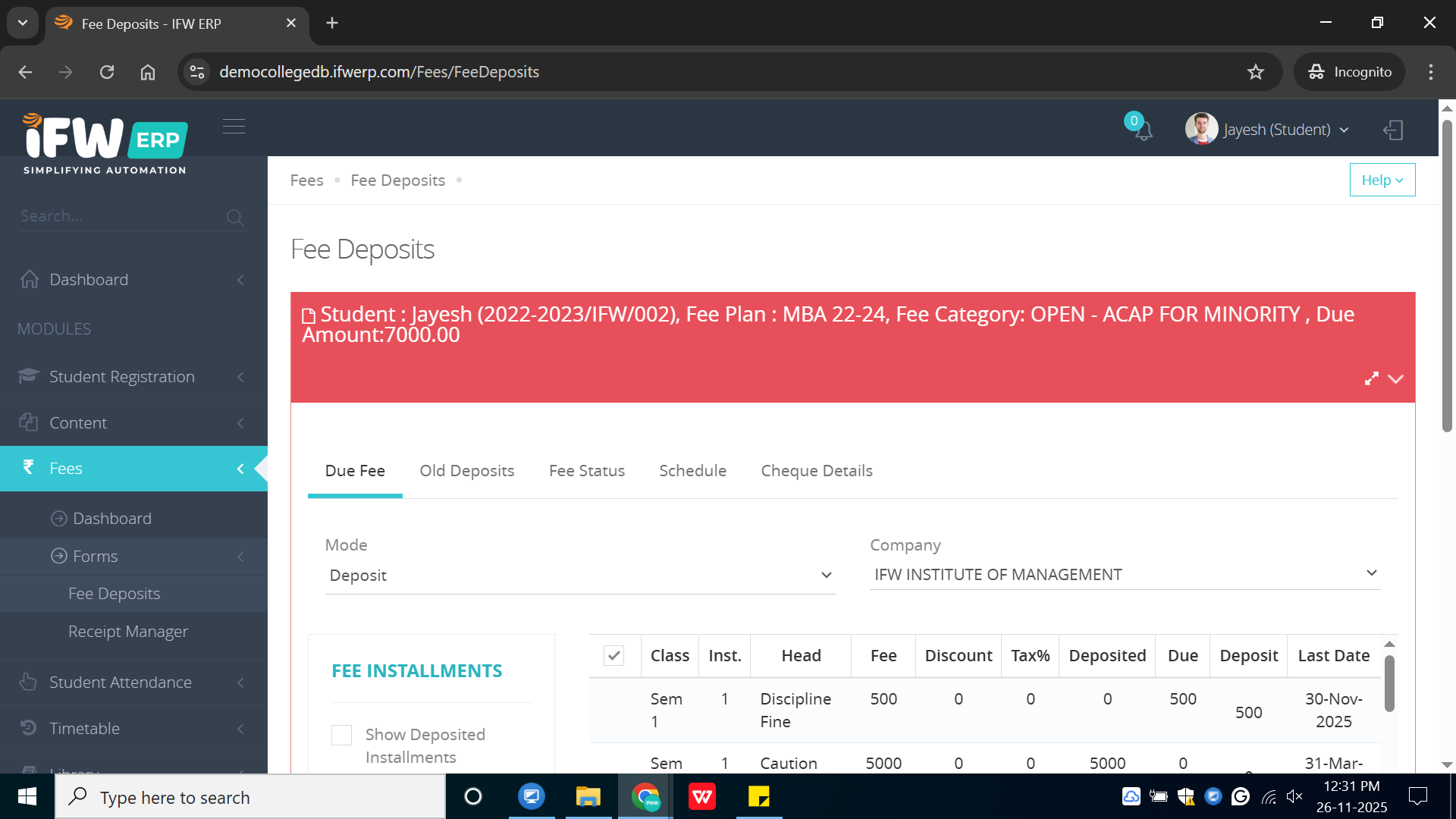 How to pay fees from the student web login in ERP?